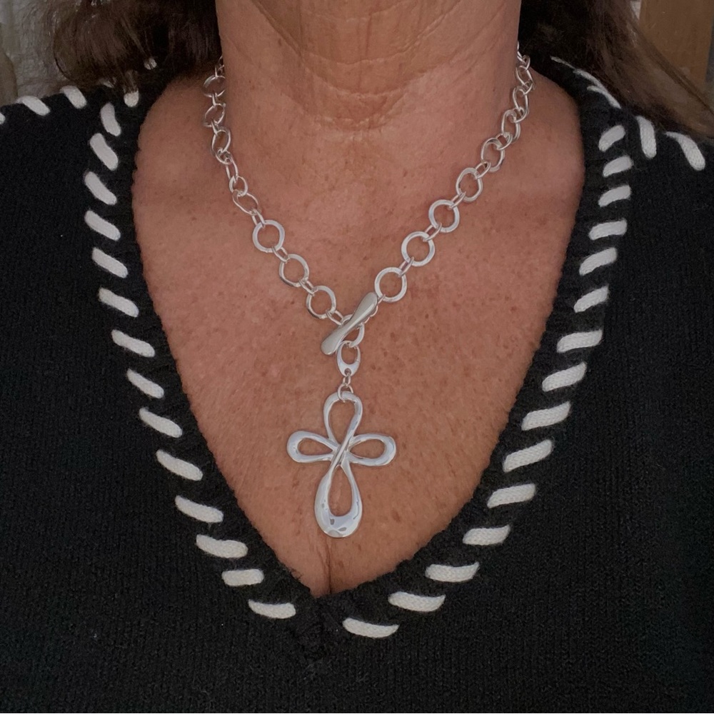 Sterling Silver Robert Lee Morris toggle link necklace with cross enhancer
